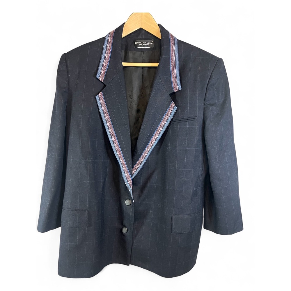 Vintage Benard Holtzman Harve Benard Navy Plaid Blazer Tapestry Trim XL 1980s